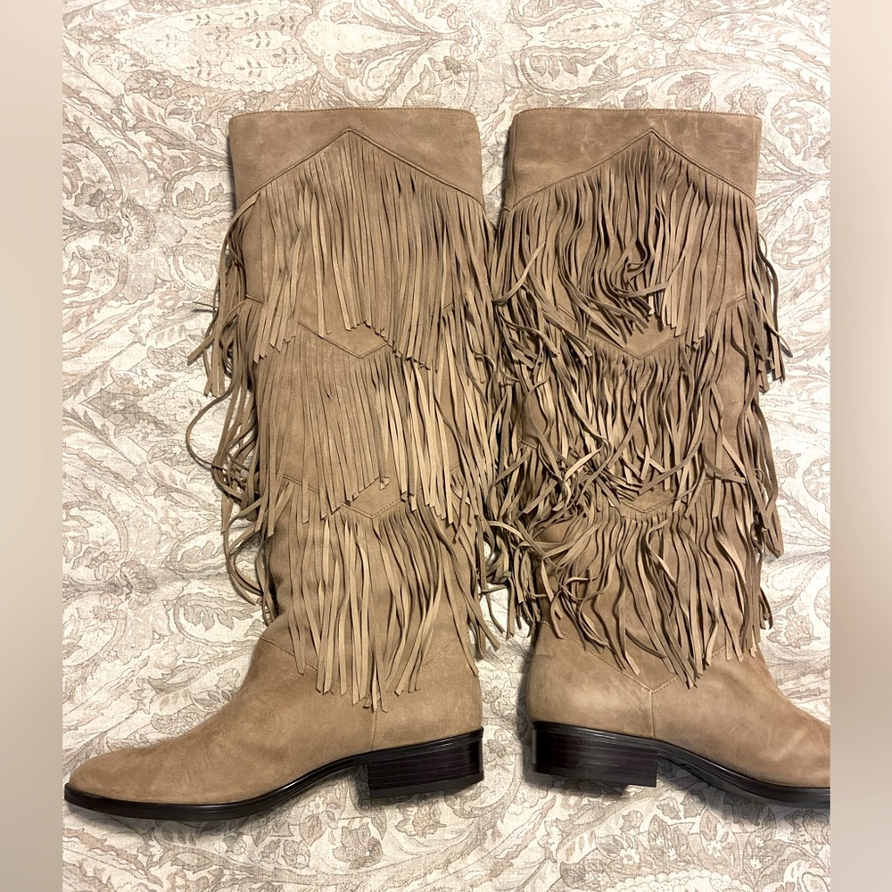 Sam Edelman fringed high knee boots with low heel.
